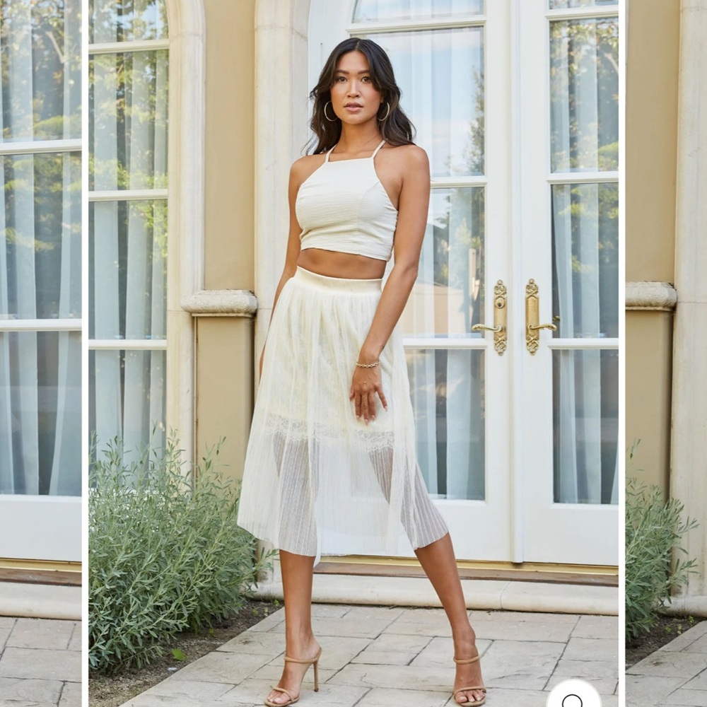 Pale yellow tulle, lace, satin midi skirt